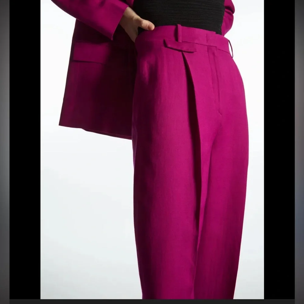 COS Bright Magenta Trousers Wide Leg - Adjustable Waist -Pockets 2 Linen Blend
